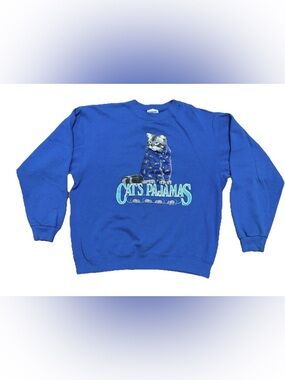 Vintage 90s Hanes Cat Graphic Print Sweatshirt Blue Size Large